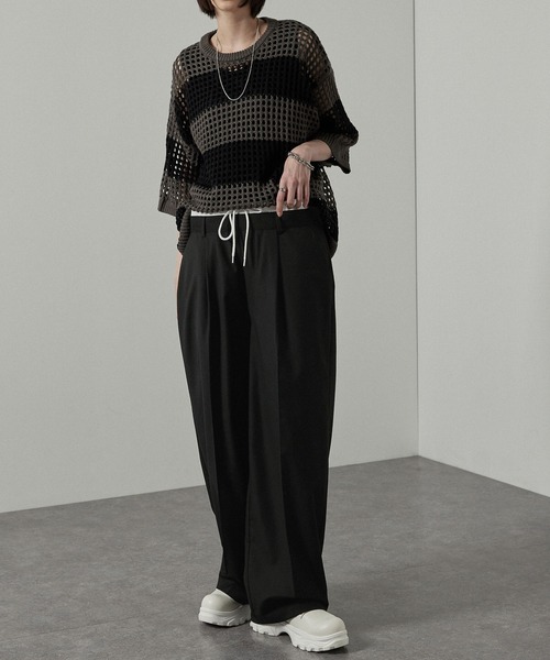 Alfred Alex(アルフレッドアレックス)の「【Alfred Alex】フェイクレイヤードダブルウエストワイドスラックスパンツ(スラックス・メンズ・ブラック/チャコールグレー・L/M/S)」の4枚目の写真