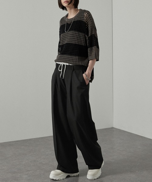 Alfred Alex(アルフレッドアレックス)の「【Alfred Alex】フェイクレイヤードダブルウエストワイドスラックスパンツ(スラックス・メンズ・ブラック/チャコールグレー・L/M/S)」の5枚目の写真