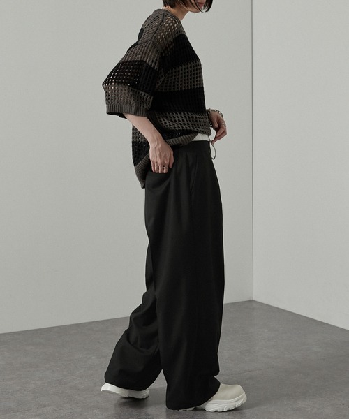 Alfred Alex(アルフレッドアレックス)の「【Alfred Alex】フェイクレイヤードダブルウエストワイドスラックスパンツ(スラックス・メンズ・ブラック/チャコールグレー・L/M/S)」の7枚目の写真