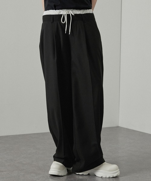 Alfred Alex(アルフレッドアレックス)の「【Alfred Alex】フェイクレイヤードダブルウエストワイドスラックスパンツ(スラックス・メンズ・ブラック/チャコールグレー・L/M/S)」の12枚目の写真