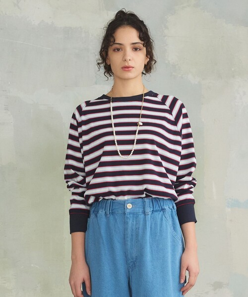 J.PRESS YORK STREET(ジェイプレスヨークストリート)の「【WOMEN】レトロボーダードルマン Tシャツ(Tシャツ/カットソー・レディース・イエロー系1/ライトグレー系2/ベージュ系1/ネイビー系2・F)」の3枚目の写真
