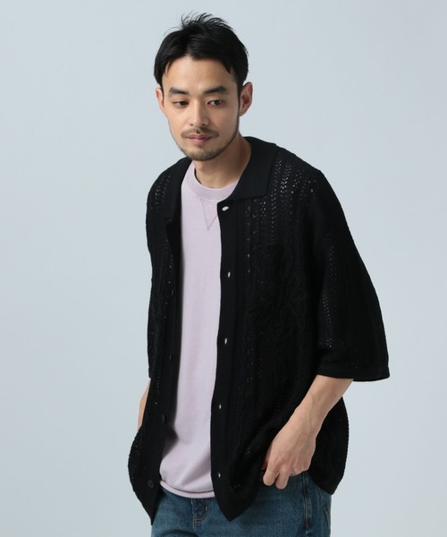 BAYFLOW（ベイフロー）の「[トレンドデザイン]ニットレース半袖シャツ（ニット/セーター・メンズ・ベージュ/ブラック・LARGE/MEDIUM）」の2枚目の写真