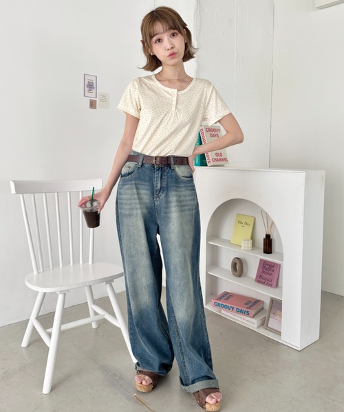 SOLLON.（ソルロン）の「小花柄ヘンリーネック半袖トップス（Tシャツ/カットソー・レディース・アイボリー/ネイビー/グレー・FREE）」の14枚目の写真