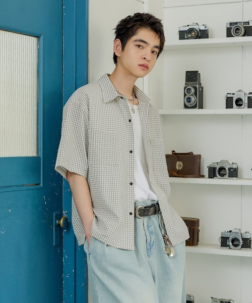 【boohoo】BOXYシアサッカークリンクル半袖シャツ CREW (クルー) COOLMAX シアサッカー ボタンダウン 半袖 シャツ