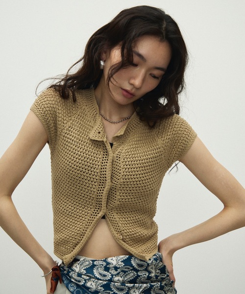 Lutim by u（ルチバイユー）の「Basket-knit cardigan with French sleeves / バスケット編みニットフレンチ袖・カーディガン（カーディガン/ボレロ・レディース・ナチュラル/ブラック/ベージュ・FREE）」の3枚目の写真