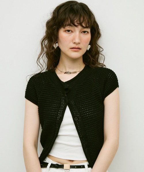Lutim by u（ルチバイユー）の「Basket-knit cardigan with French sleeves / バスケット編みニットフレンチ袖・カーディガン（カーディガン/ボレロ・レディース・ナチュラル/ブラック/ベージュ・FREE）」の2枚目の写真
