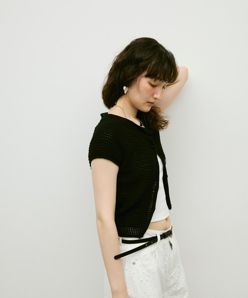 Lutim by u（ルチバイユー）の「Basket-knit cardigan with French sleeves / バスケット編みニットフレンチ袖・カーディガン（カーディガン/ボレロ・レディース・ナチュラル/ブラック/ベージュ・FREE）」の5枚目の写真