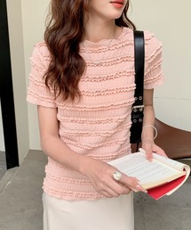 everycoco（エブリーココ）の「フリルレースボートネックTシャツ（Tシャツ/カットソー）」