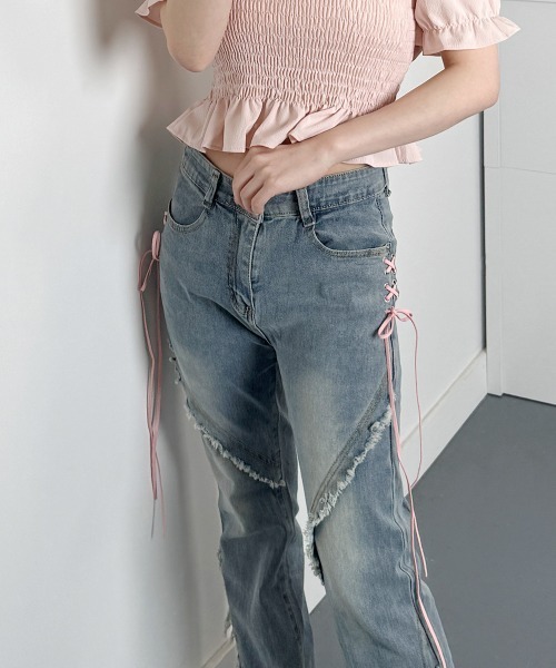 VIVID LADY(ビビッドレディー)の「レースアップ フレア デニムパンツ(デニムパンツ・レディース・ライトブルー・LARGE/MEDIUM/SMALL)」の12枚目の写真