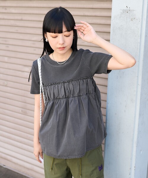 FREAK'S STORE(フリークスストア)の「アーミーリブ コンビピグメントTシャツ/ドッキングTシャツ(Tシャツ/カットソー・レディース・ナチュラル/ブルーグリーン/チャコール・フリ-)」の2枚目の写真