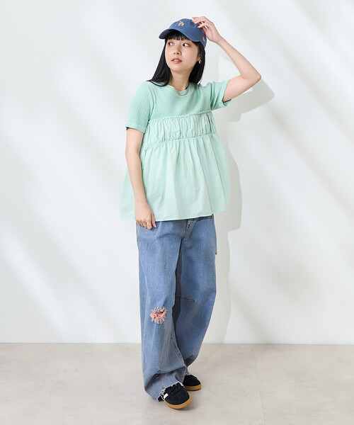 FREAK'S STORE(フリークスストア)の「アーミーリブ コンビピグメントTシャツ/ドッキングTシャツ(Tシャツ/カットソー・レディース・ナチュラル/ブルーグリーン/チャコール・フリ-)」の6枚目の写真