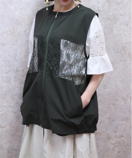 axes femme（アクシーズファム）の「レース切替ジップベスト（ベスト・レディース・カーキ/ブラック・FREE）」の3枚目の写真