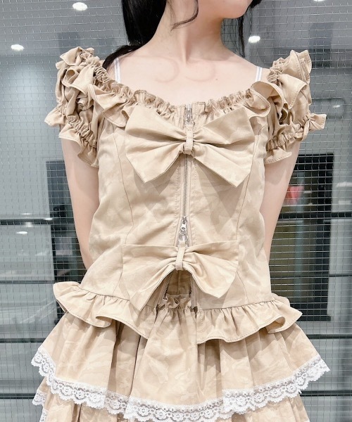 lilLilly ジップリボントップス ホワイト オフショルジップリボントップス（Tシャツ/カットソー