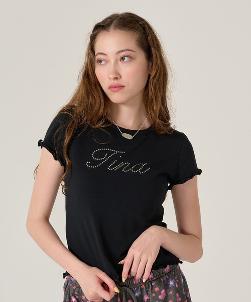 TINA:JOJUN(ティーナジョジュン)の「ラインストーン コンパクト Tシャツ TINA:JOJUN(Tシャツ/カットソー・レディース・ブラック/ホワイト・M)」の2枚目の写真