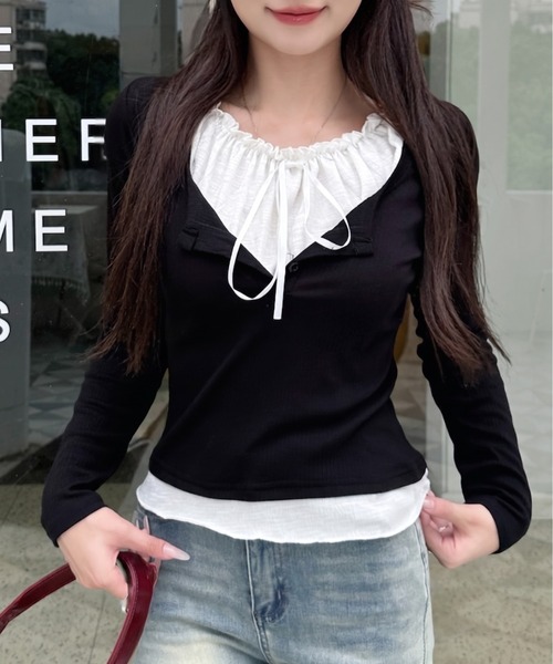 Ada.(エイダ)の「リボン付き クルーネック レイヤードデザイン フリルトップス(Tシャツ/カットソー・レディース・ライトブルー/ブラック/グレー・FREE)」の1枚目の写真