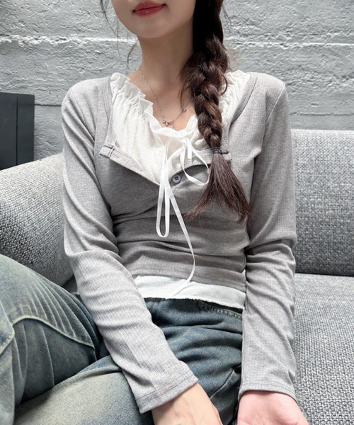 Ada.(エイダ)の「リボン付き クルーネック レイヤードデザイン フリルトップス(Tシャツ/カットソー・レディース・ライトブルー/ブラック/グレー・FREE)」の6枚目の写真