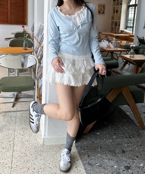 Ada.(エイダ)の「リボン付き クルーネック レイヤードデザイン フリルトップス(Tシャツ/カットソー・レディース・ライトブルー/ブラック/グレー・FREE)」の5枚目の写真