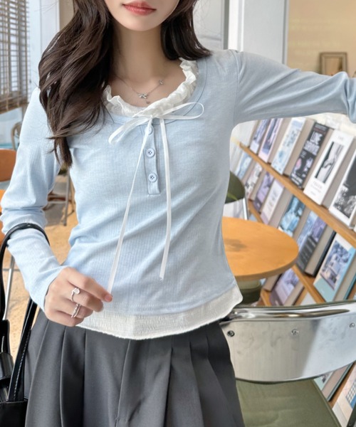 Ada.(エイダ)の「リボン付き クルーネック レイヤードデザイン フリルトップス(Tシャツ/カットソー・レディース・ライトブルー/ブラック/グレー・FREE)」の16枚目の写真