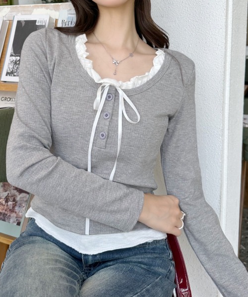 Ada.(エイダ)の「リボン付き クルーネック レイヤードデザイン フリルトップス(Tシャツ/カットソー・レディース・ライトブルー/ブラック/グレー・FREE)」の19枚目の写真