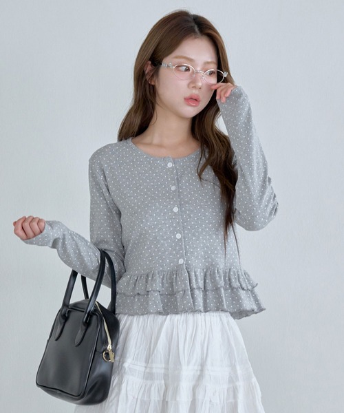 UNE MANSION（ユヌマンション）の「【UNE ORIGINAL】ラブリードットパターンダブルフリルカーディン（カーディガン/ボレロ・レディース・ピンク/ブラック/グレー/ホワイト・SMALL/MEDIUM）」の3枚目の写真