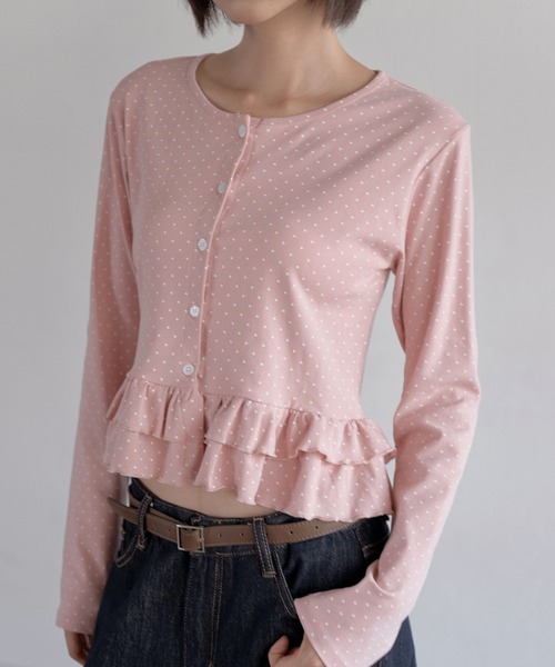 UNE MANSION（ユヌマンション）の「【UNE ORIGINAL】ラブリードットパターンダブルフリルカーディン（カーディガン/ボレロ・レディース・ピンク/ブラック/グレー/ホワイト・SMALL/MEDIUM）」の4枚目の写真