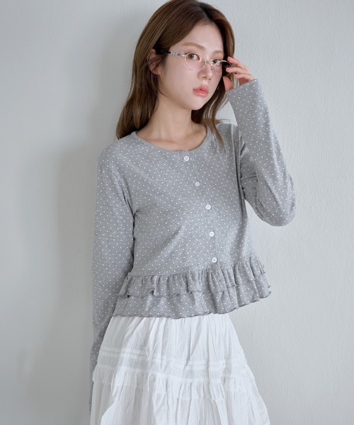 UNE MANSION（ユヌマンション）の「【UNE ORIGINAL】ラブリードットパターンダブルフリルカーディン（カーディガン/ボレロ・レディース・ピンク/ブラック/グレー/ホワイト・SMALL/MEDIUM）」の15枚目の写真