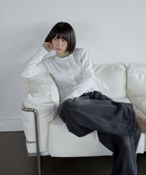 UNE MANSION（ユヌマンション）の「【UNE ORIGINAL】ラブリードットパターンダブルフリルカーディン（カーディガン/ボレロ・レディース・ピンク/ブラック/グレー/ホワイト・SMALL/MEDIUM）」の6枚目の写真