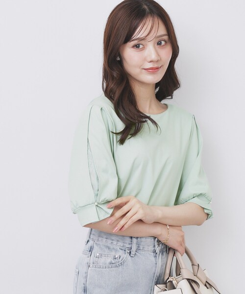 index（インデックス）の「レースドッキングスリーブトップス【洗濯機洗い可/UVケア】（Tシャツ/カットソー・レディース・オフホワイト/サンドベージュ/ネイビー/グリーン系・36/38/40/42）」の4枚目の写真