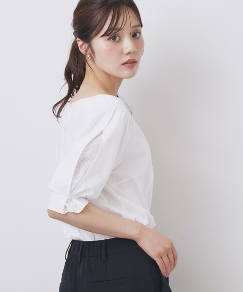 index（インデックス）の「レースドッキングスリーブトップス【洗濯機洗い可/UVケア】（Tシャツ/カットソー・レディース・オフホワイト/サンドベージュ/ネイビー/グリーン系・36/38/40/42）」の2枚目の写真