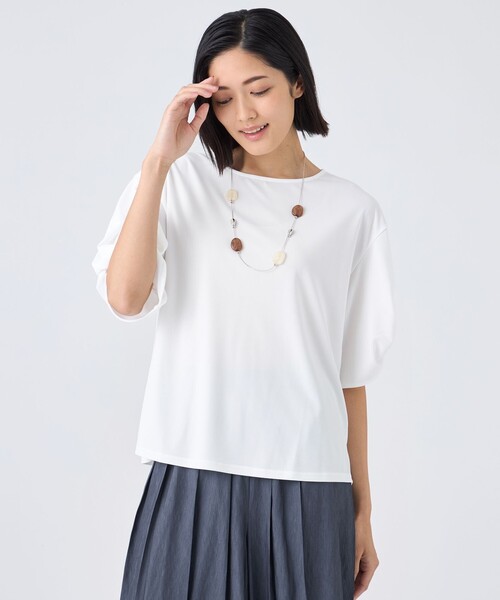 TRANS WORK(トランスワーク)の「【ウォッシャブル・接触冷感・UV・防シワ】強撚スムースカットソー(Tシャツ/カットソー・レディース・グリーン系その他3/オレンジ/オフホワイト・38)」の2枚目の写真