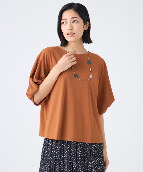 TRANS WORK(トランスワーク)の「【ウォッシャブル・接触冷感・UV・防シワ】強撚スムースカットソー(Tシャツ/カットソー・レディース・グリーン系その他3/オレンジ/オフホワイト・38)」の3枚目の写真