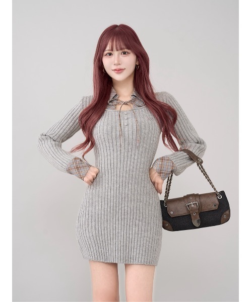 新品タグ付 ダーリッチ グレー レイヤードライクニットミニワンピース フリー ダーリッチ Darich レイヤードライクニットミニワンピース