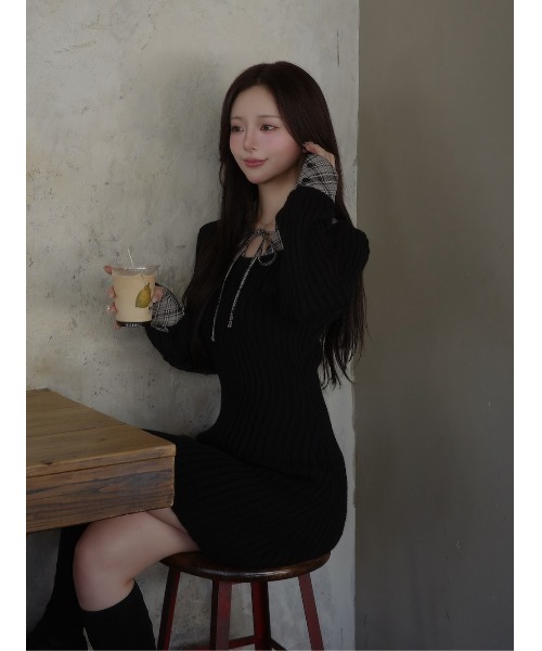 Darich♡レイヤードライクニットミニワンピース (BLK・Free) ダーリッチ Darich レイヤードライクニットミニワンピース