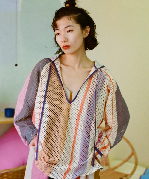 PAMM(パム)の「知性のストライプメッシュフーディ(パーカー・レディース・アイボリー・フリー)」の1枚目の写真