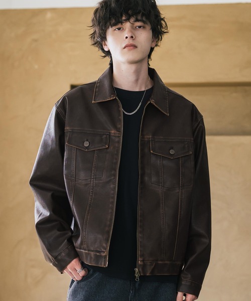 ヴィンテージ加工PUレザーダブルジップショートジャケット/3rd