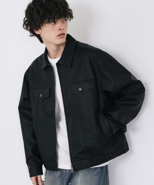 レザージャケット ブラック ダブルジップ ヴィンテージ加工PUレザーダブルジップショートジャケット/3rd