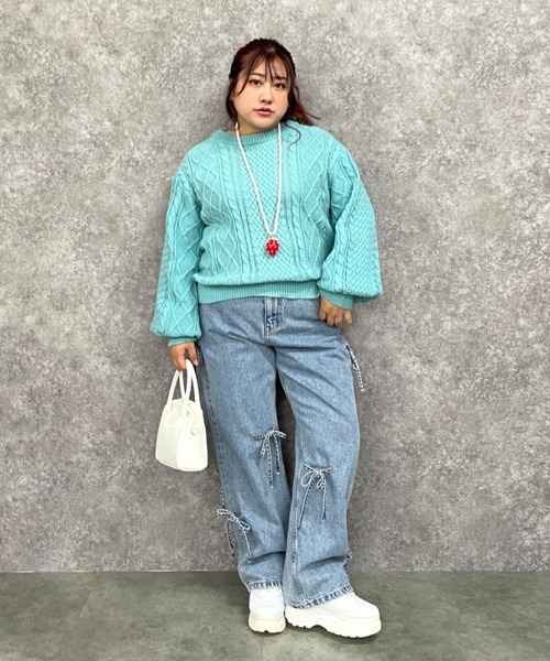 GEVS.(ジェイヴィス)の「アラン柄クルーネックニット<大きいサイズ有>GEVS.(ニット/セーター・レディース・ピンク/ブルー/ブラック・3L/LL/L/M/5L/4L)」の5枚目の写真