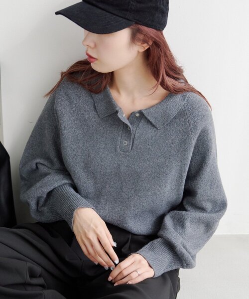 Kastane（カスタネ）の「*【春まで使える！全骨格◎】カーブスリーブポロニット（ニット/セーター・レディース・ブラウン/レッド/ベージュ/チャコールグレー/アイボリー/グレー/ピンク・FREE）」の9枚目の写真