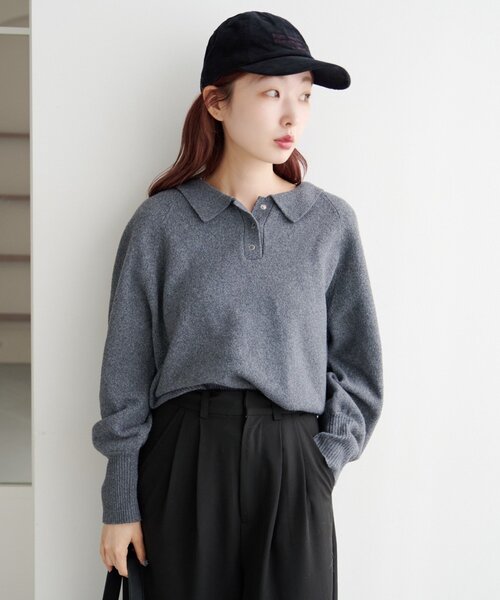 Kastane（カスタネ）の「*【春まで使える！全骨格◎】カーブスリーブポロニット（ニット/セーター・レディース・ブラウン/レッド/ベージュ/チャコールグレー/アイボリー/グレー/ピンク・FREE）」の12枚目の写真