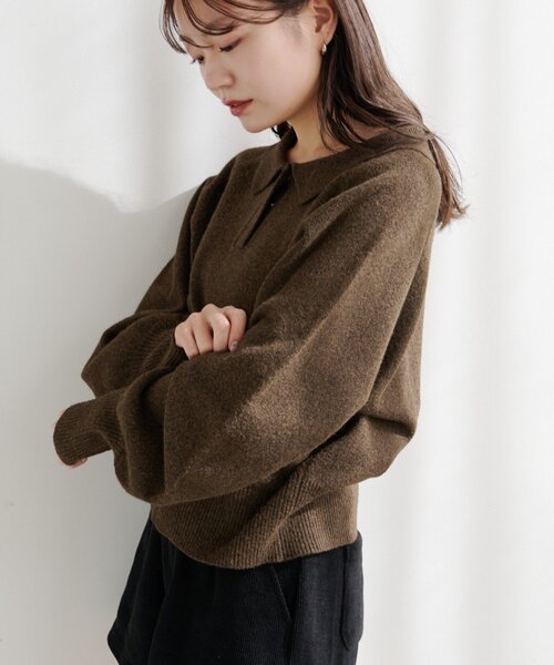 Kastane（カスタネ）の「*【春まで使える！全骨格◎】カーブスリーブポロニット（ニット/セーター・レディース・ブラウン/レッド/ベージュ/チャコールグレー/アイボリー/グレー/ピンク・FREE）」の4枚目の写真