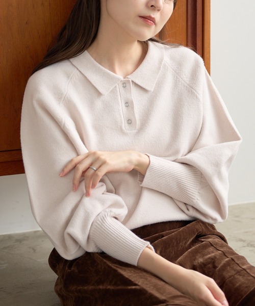 Kastane（カスタネ）の「*【春まで使える！全骨格◎】カーブスリーブポロニット（ニット/セーター・レディース・ブラウン/レッド/ベージュ/チャコールグレー/アイボリー/グレー/ピンク・FREE）」の2枚目の写真