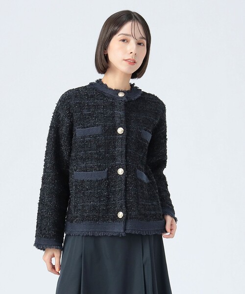 BEAMS HEART（ビームスハート）の「ニット ツイード ジャケット（ノーカラージャケット・レディース・グレー/オフホワイト/ネイビー・FREE）」の3枚目の写真