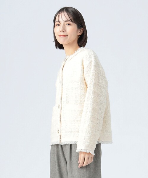 BEAMS HEART（ビームスハート）の「ニット ツイード ジャケット（ノーカラージャケット・レディース・グレー/オフホワイト/ネイビー・FREE）」の9枚目の写真