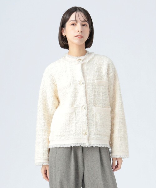BEAMS HEART（ビームスハート）の「ニット ツイード ジャケット（ノーカラージャケット・レディース・グレー/オフホワイト/ネイビー・FREE）」の10枚目の写真