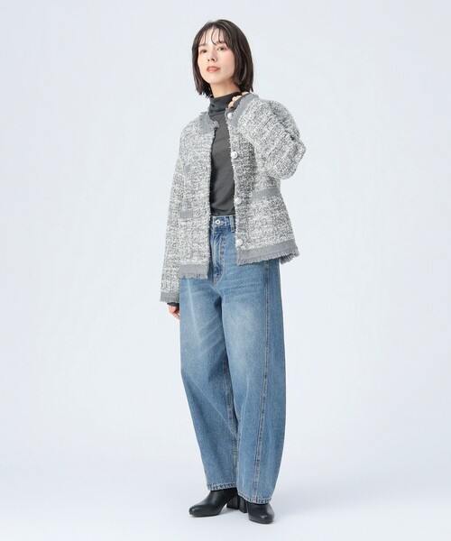 BEAMS HEART（ビームスハート）の「ニット ツイード ジャケット（ノーカラージャケット・レディース・グレー/オフホワイト/ネイビー・FREE）」の12枚目の写真