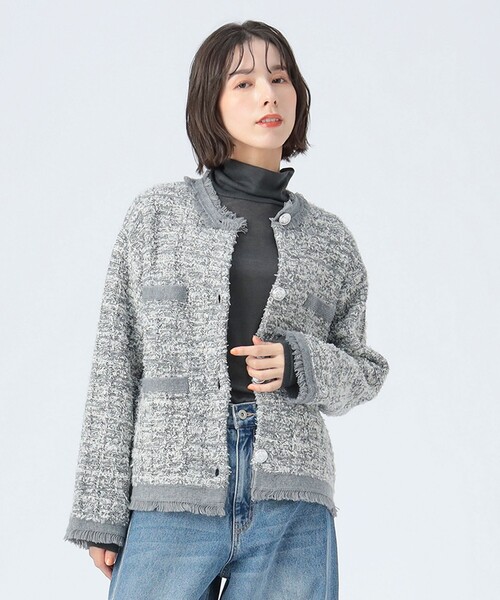 BEAMS HEART（ビームスハート）の「ニット ツイード ジャケット（ノーカラージャケット・レディース・グレー/オフホワイト/ネイビー・FREE）」の13枚目の写真