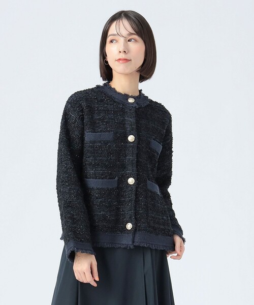 BEAMS HEART（ビームスハート）の「ニット ツイード ジャケット（ノーカラージャケット・レディース・グレー/オフホワイト/ネイビー・FREE）」の18枚目の写真