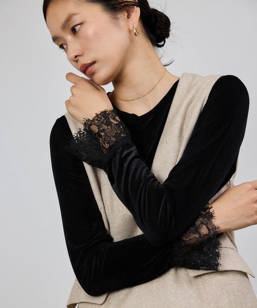 ROPE'（ロペ）の「レース袖シアーベロアカットソー/イージーケア（Tシャツ/カットソー・レディース・ピンク系その他2/ブラック/ブラウン・FREE）」の2枚目の写真