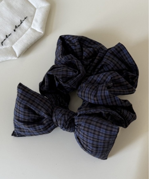 紫チェックのリボンシュシュ  ゴム入れ替え可能 楽天市場】【感謝価格】『チェック柄シアーリボンシュシュ』[シュシュ