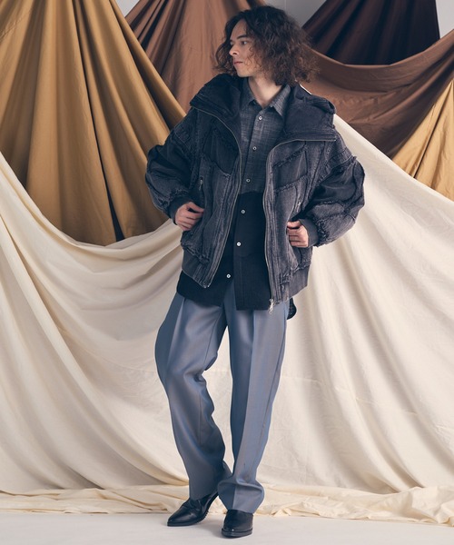 UNISEX》4 Colors Chambray Washable Wool One Tuck Straight Pants/4